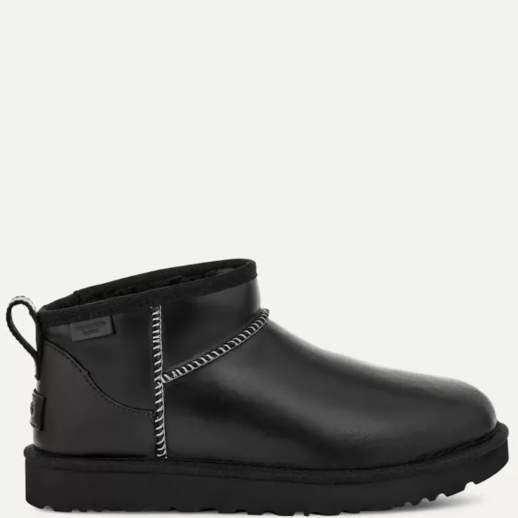 Γυναικεία μαύρα δερμάτινα μποτάκια ugg classic ultra mini w1163490